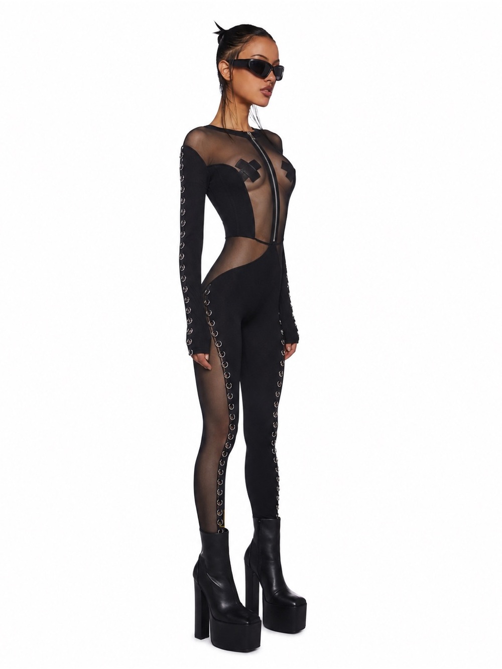 Poster Girl Black Mesh Bodycon Jumpsuit with Silver O-Ring Hardware L